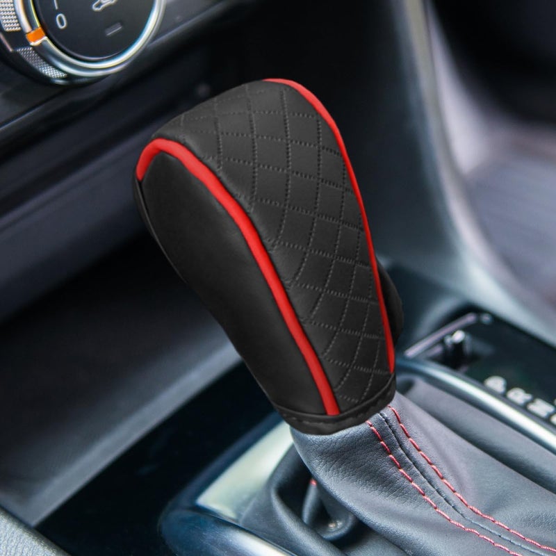 BDZMC Leather Car Gear Shift Cover, Anti-Slip Dust Waterproof Gear Shifter Stick Protector, Soft Breathable Universal Automotive Shift Knob Decoration Accessories, Fit Car, SUV, Truck (Black&Red) - Image 1
